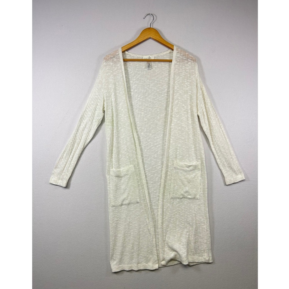Minimalist Duster Cardigan Womens Small Ivory Ribbed Knit Open Front Long Pocket